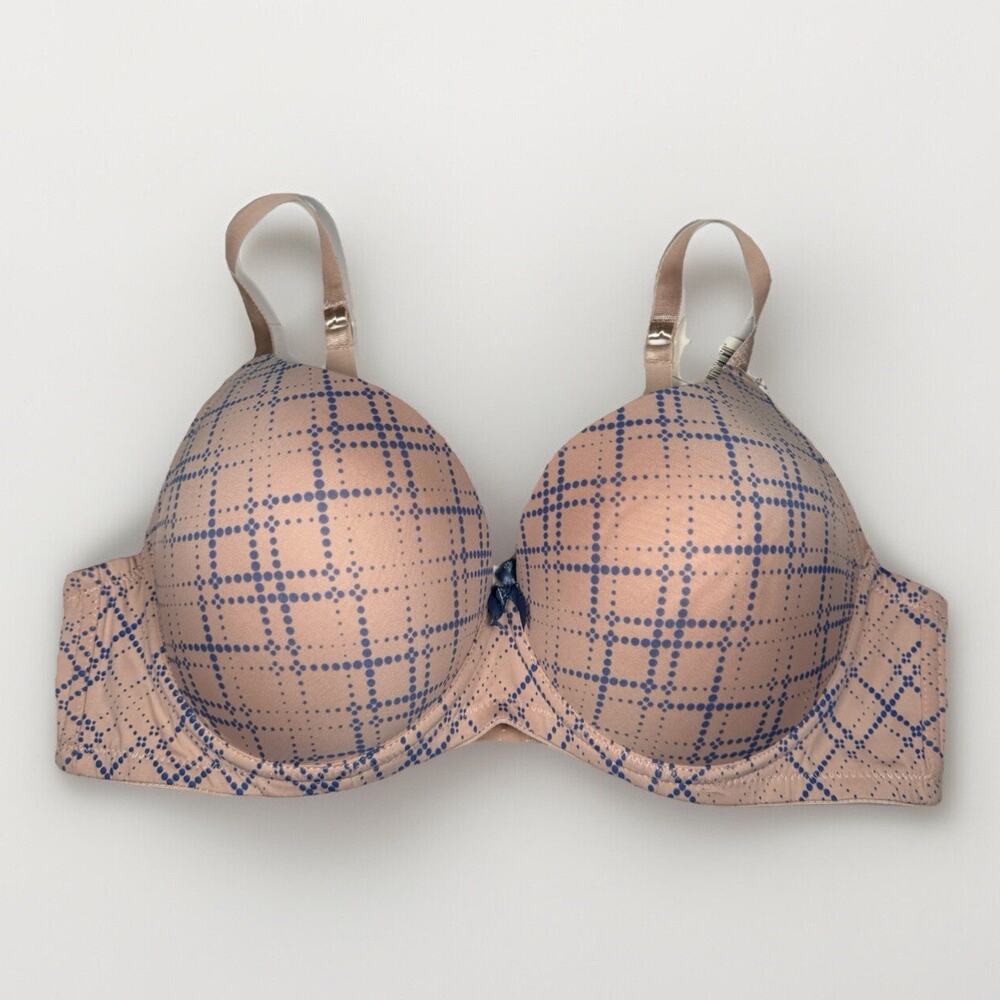 Simply Basic Plunge Bra 42B Nude with Blue Dot Grid Print Padded Underwire NWT